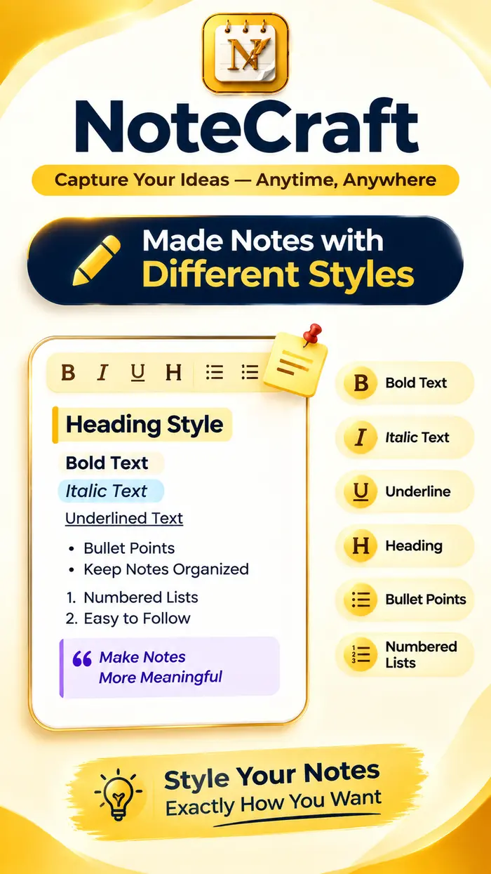 NoteCraft rich text formatting — bold, italic, headings, and lists